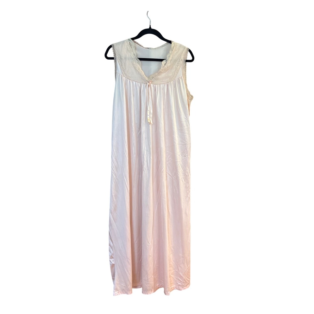 Vintage Nightgown Women Pink Lace Trim Sleeveless Maxi Sleepwear SIZE L